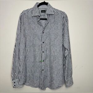 Neiman Marcus Black White Striped Paisley Button Down Shirt L Cotton